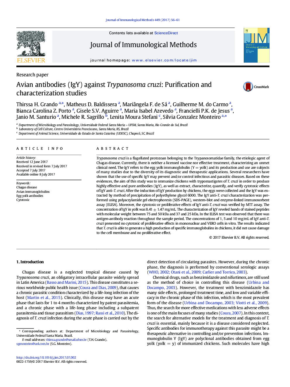 Research paperAvian antibodies (IgY) against Trypanosoma cruzi: Purification and characterization studies