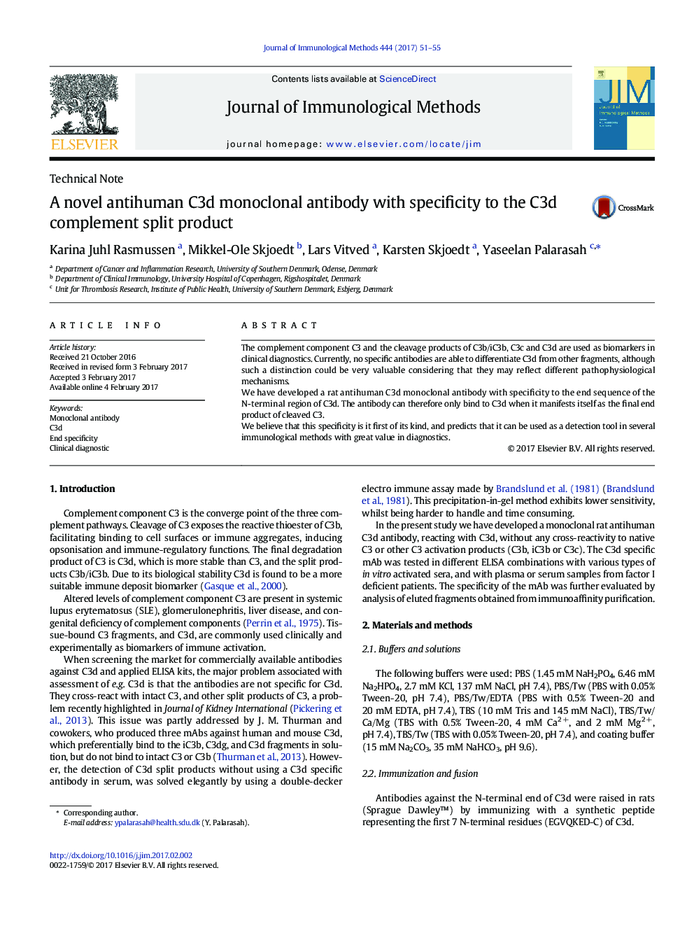 A novel antihuman C3d monoclonal antibody with specificity to the C3d complement split product