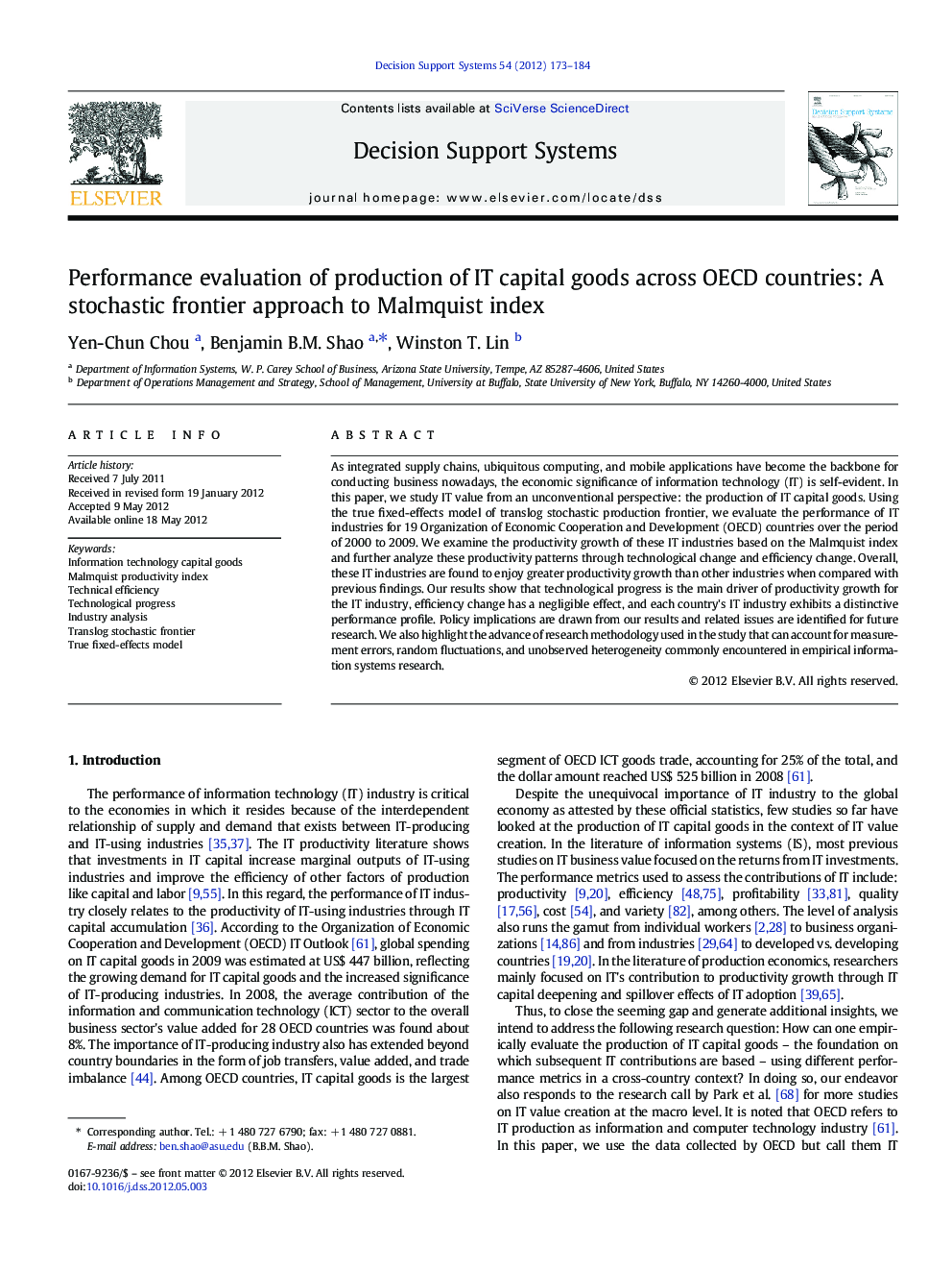 Performance evaluation of production of IT capital goods across OECD countries: A stochastic frontier approach to Malmquist index