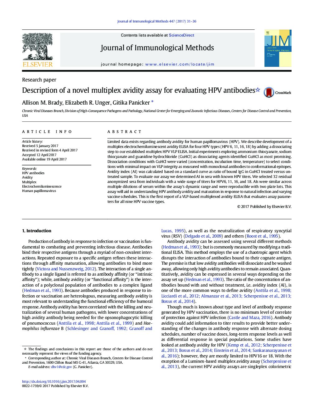 Research paperDescription of a novel multiplex avidity assay for evaluating HPV antibodies