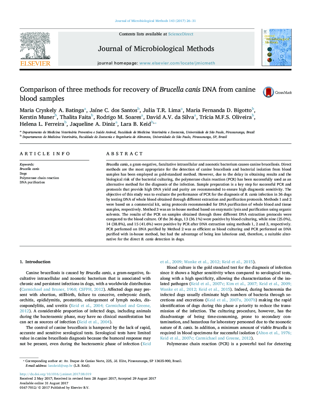 Comparison of three methods for recovery of Brucella canis DNA from canine blood samples