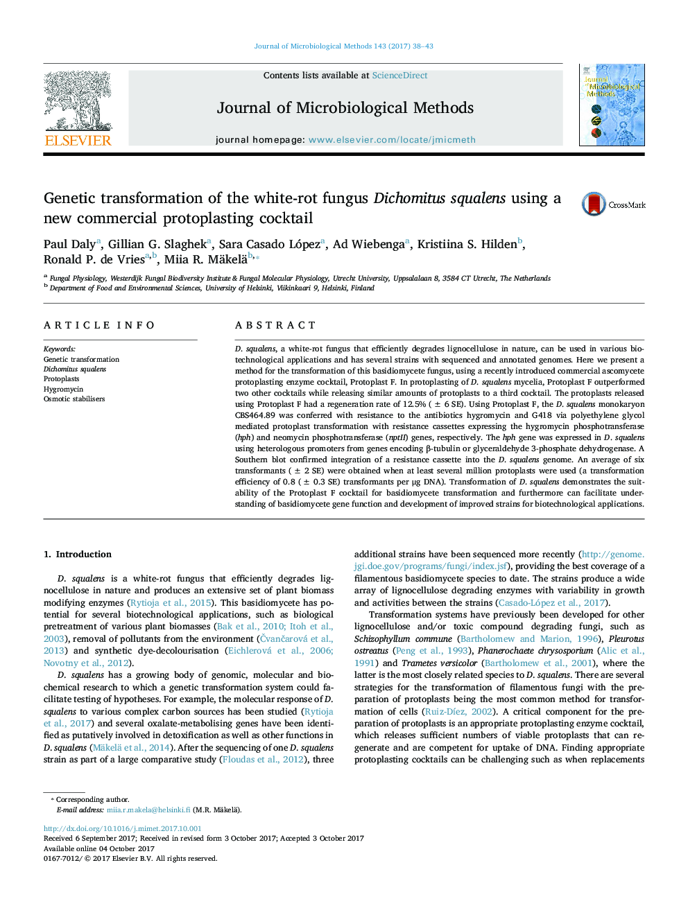 Genetic transformation of the white-rot fungus Dichomitus squalens using a new commercial protoplasting cocktail