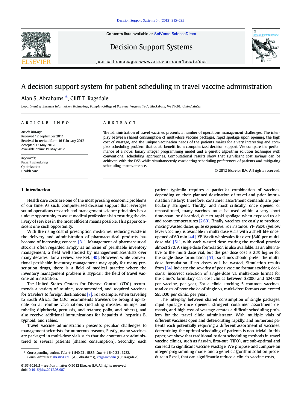 A decision support system for patient scheduling in travel vaccine administration