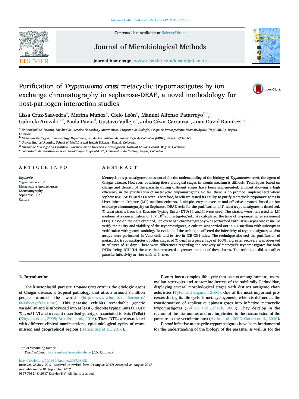 Purification of Trypanosoma cruzi metacyclic trypomastigotes by ion exchange chromatography in sepharose-DEAE, a novel methodology for host-pathogen interaction studies