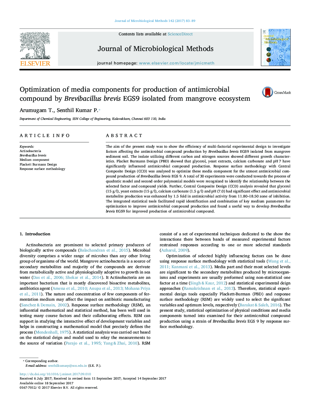 Optimization of media components for production of antimicrobial compound by Brevibacillus brevis EGS9 isolated from mangrove ecosystem