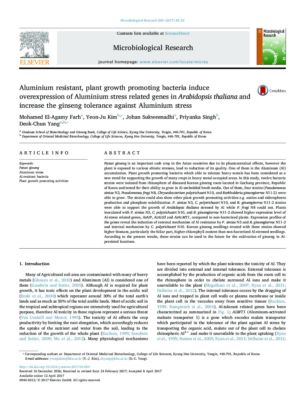 Aluminium resistant, plant growth promoting bacteria induce overexpression of Aluminium stress related genes in Arabidopsis thaliana and increase the ginseng tolerance against Aluminium stress