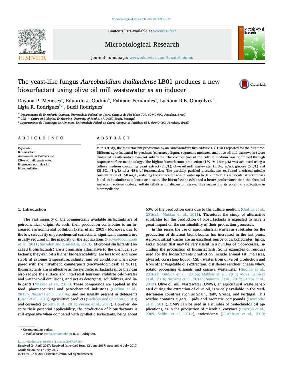 The yeast-like fungus Aureobasidium thailandense LB01 produces a new biosurfactant using olive oil mill wastewater as an inducer