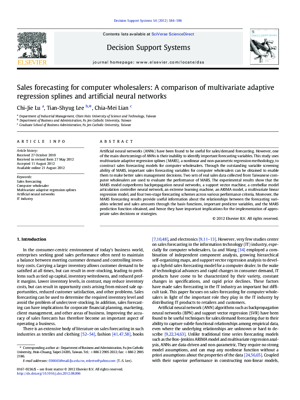 Sales forecasting for computer wholesalers: A comparison of multivariate adaptive regression splines and artificial neural networks