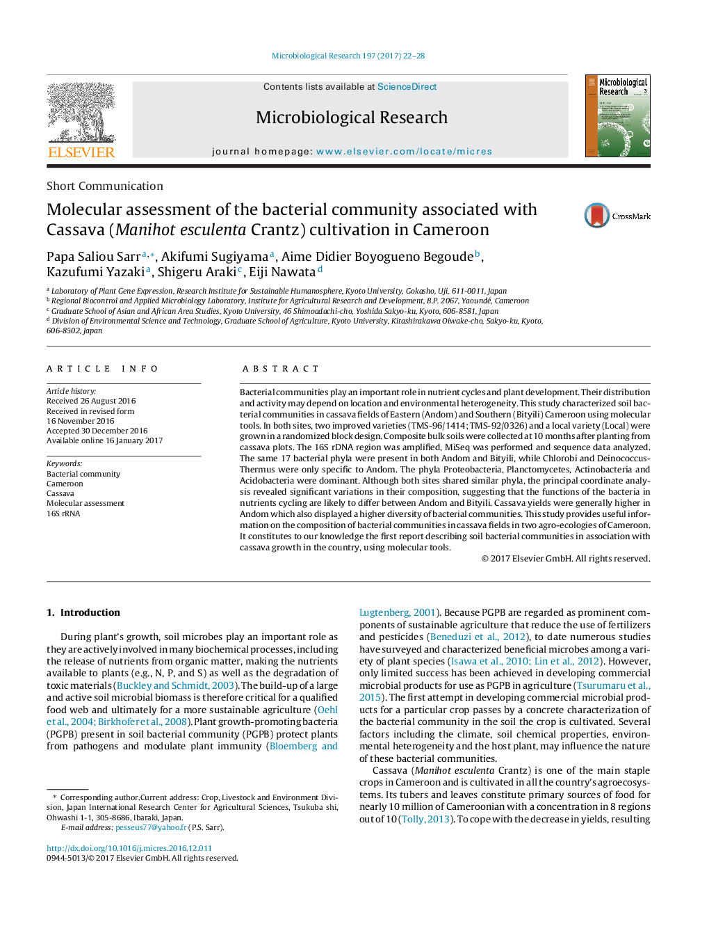 Short CommunicationMolecular assessment of the bacterial community associated with Cassava (Manihot esculenta Crantz) cultivation in Cameroon