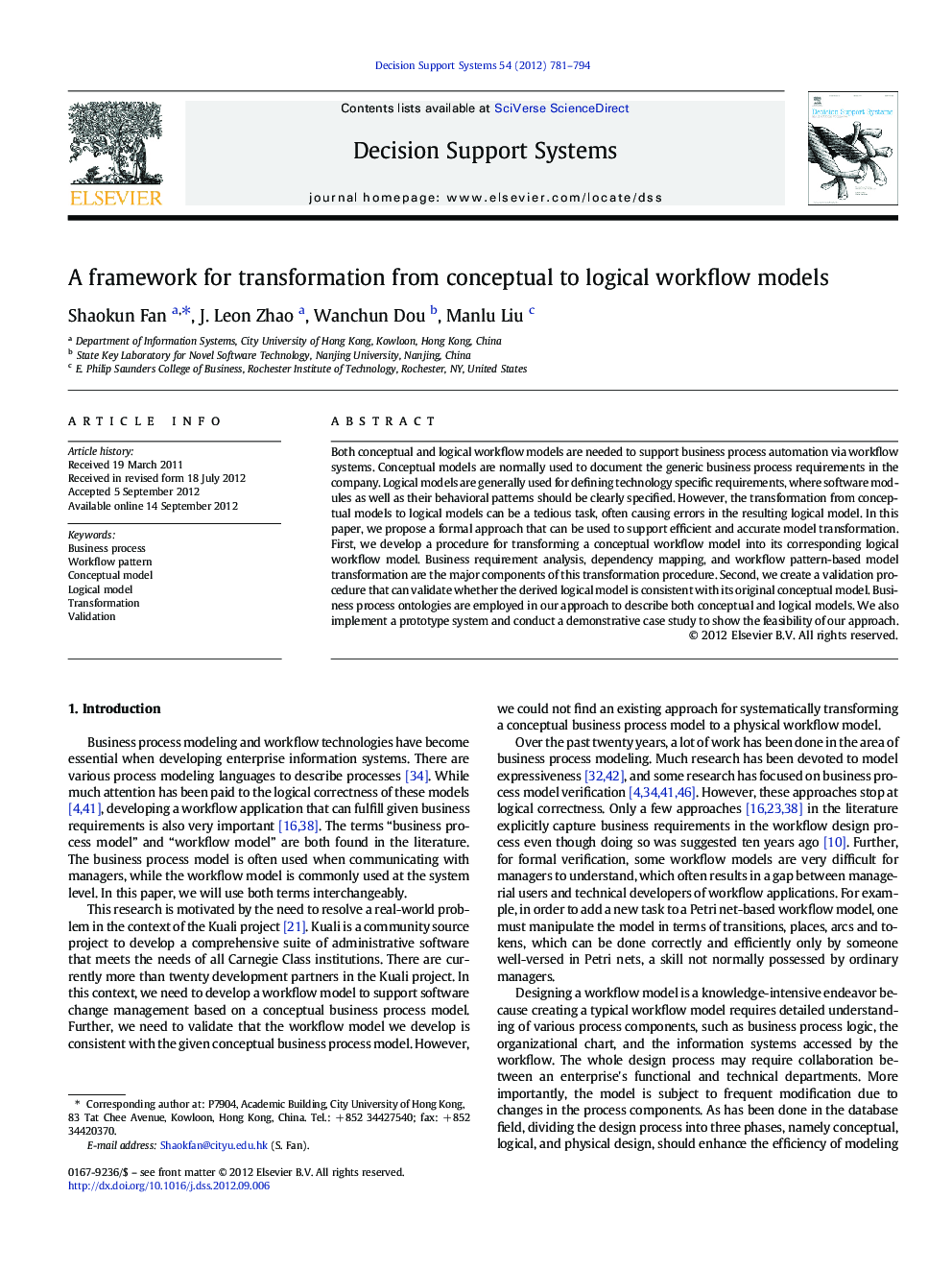 A framework for transformation from conceptual to logical workflow models