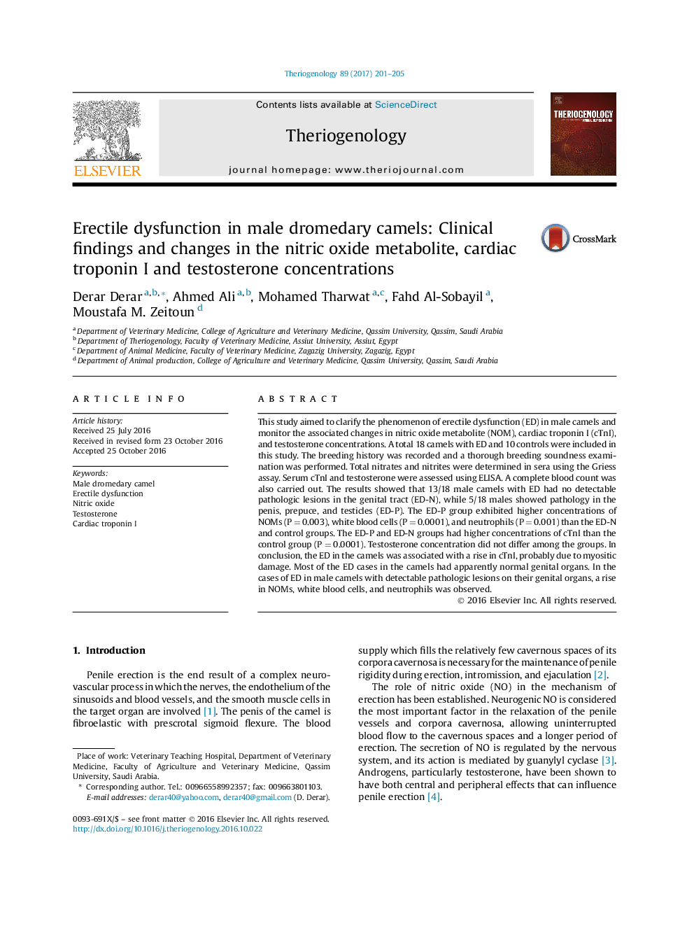 Research articleErectile dysfunction in male dromedary camels: Clinical findings and changes in the nitric oxide metabolite, cardiac troponin I and testosterone concentrations