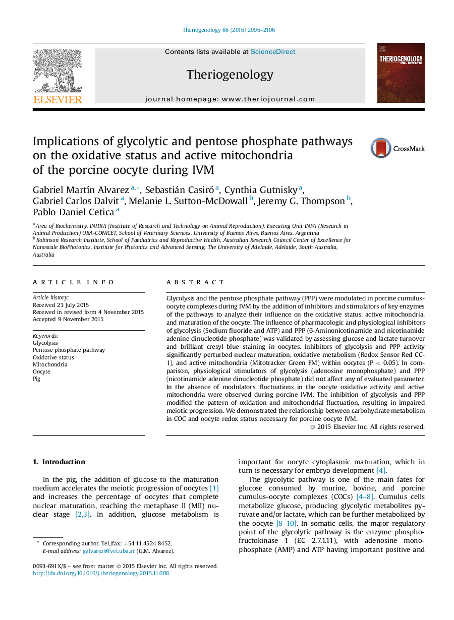 Research articleImplications of glycolytic and pentose phosphate pathways on the oxidative status and active mitochondria of the porcine oocyte during IVM