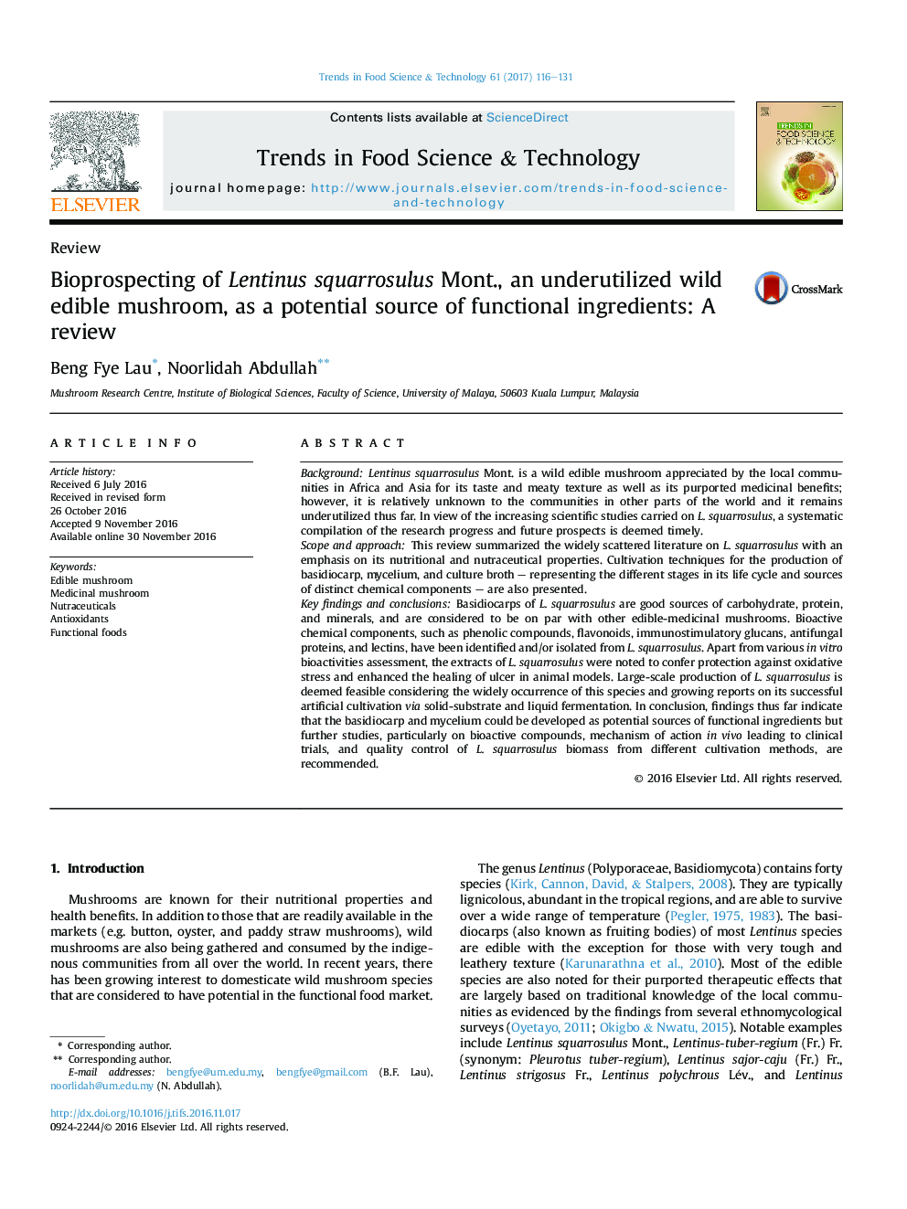 ReviewBioprospecting of Lentinus squarrosulus Mont., an underutilized wild edible mushroom, as a potential source of functional ingredients: A review