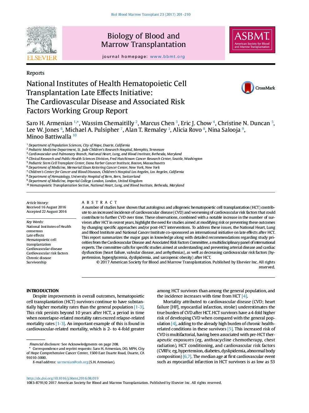 ReportsNational Institutes of Health Hematopoietic Cell Transplantation Late Effects Initiative: The Cardiovascular Disease and Associated Risk Factors Working Group Report