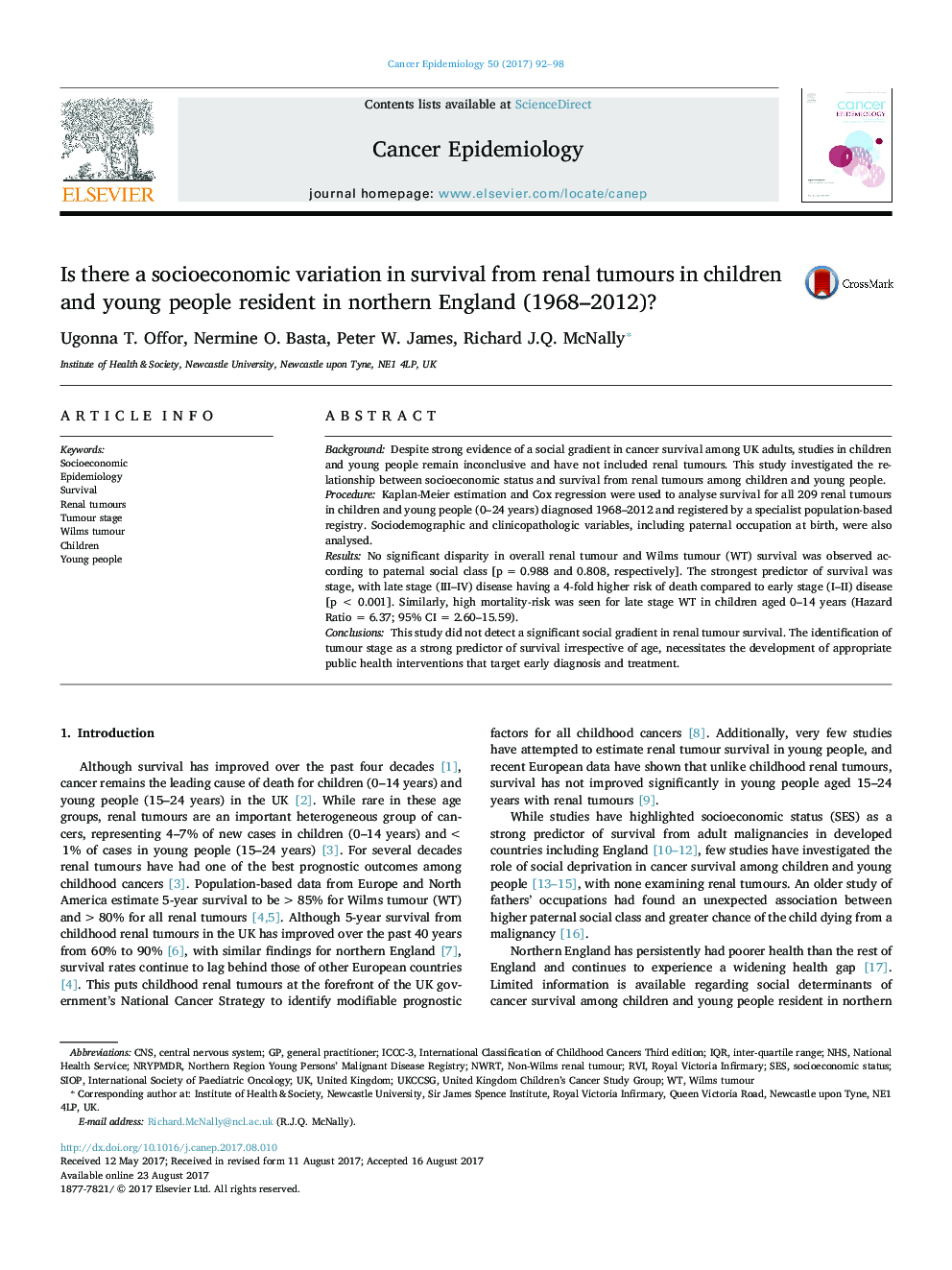 Is there a socioeconomic variation in survival from renal tumours in children and young people resident in northern England (1968-2012)?
