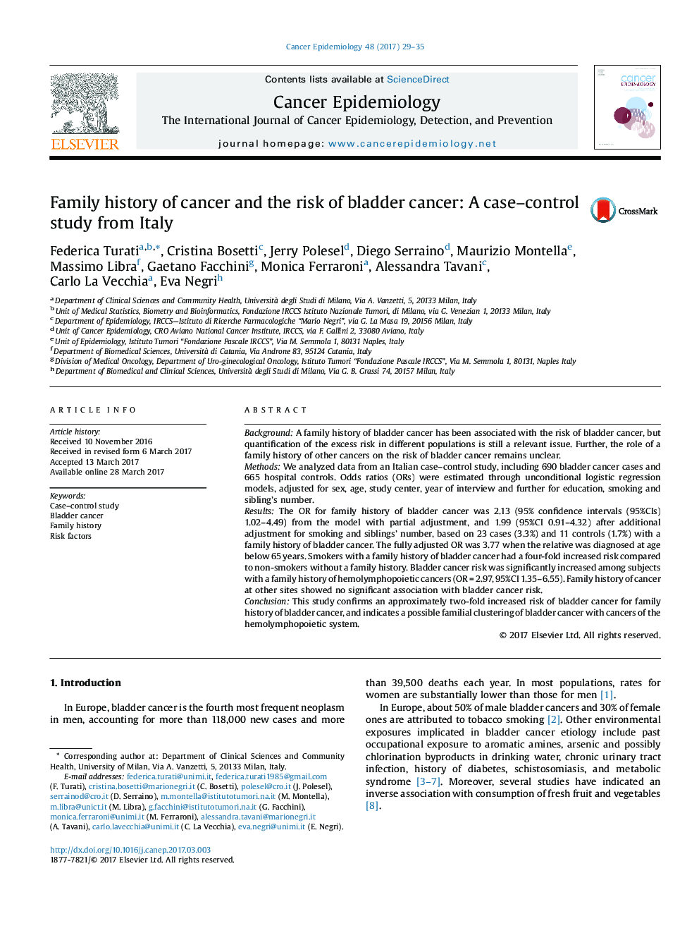 سابقه خانوادگی سرطان و خطر ابتلا به سرطان مثانه: یک مطالعه مورد-شاهد از ایتالیا 