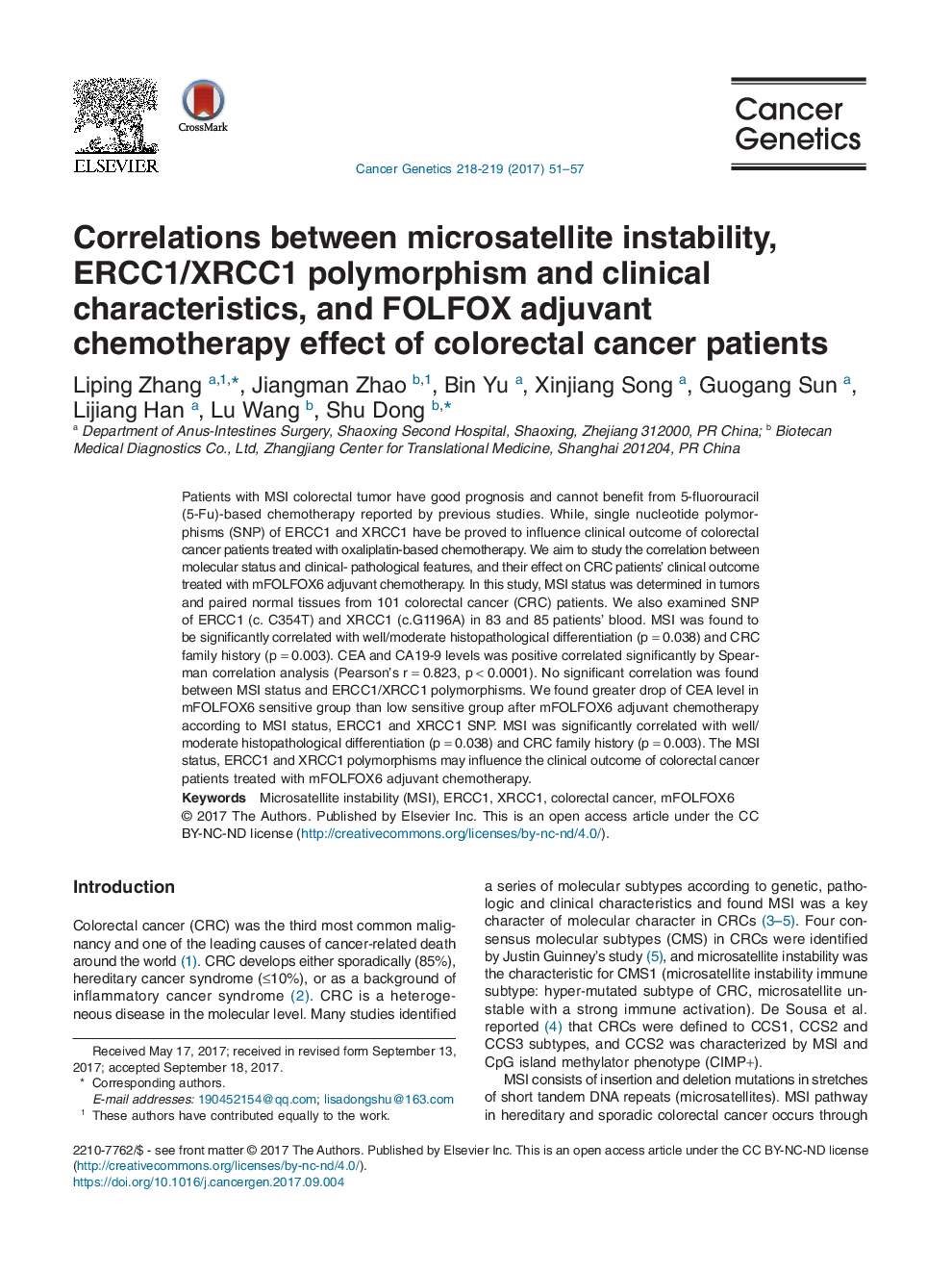 Correlations between microsatellite instability, ERCC1/XRCC1 polymorphism and clinical characteristics, and FOLFOX adjuvant chemotherapy effect of colorectal cancer patients