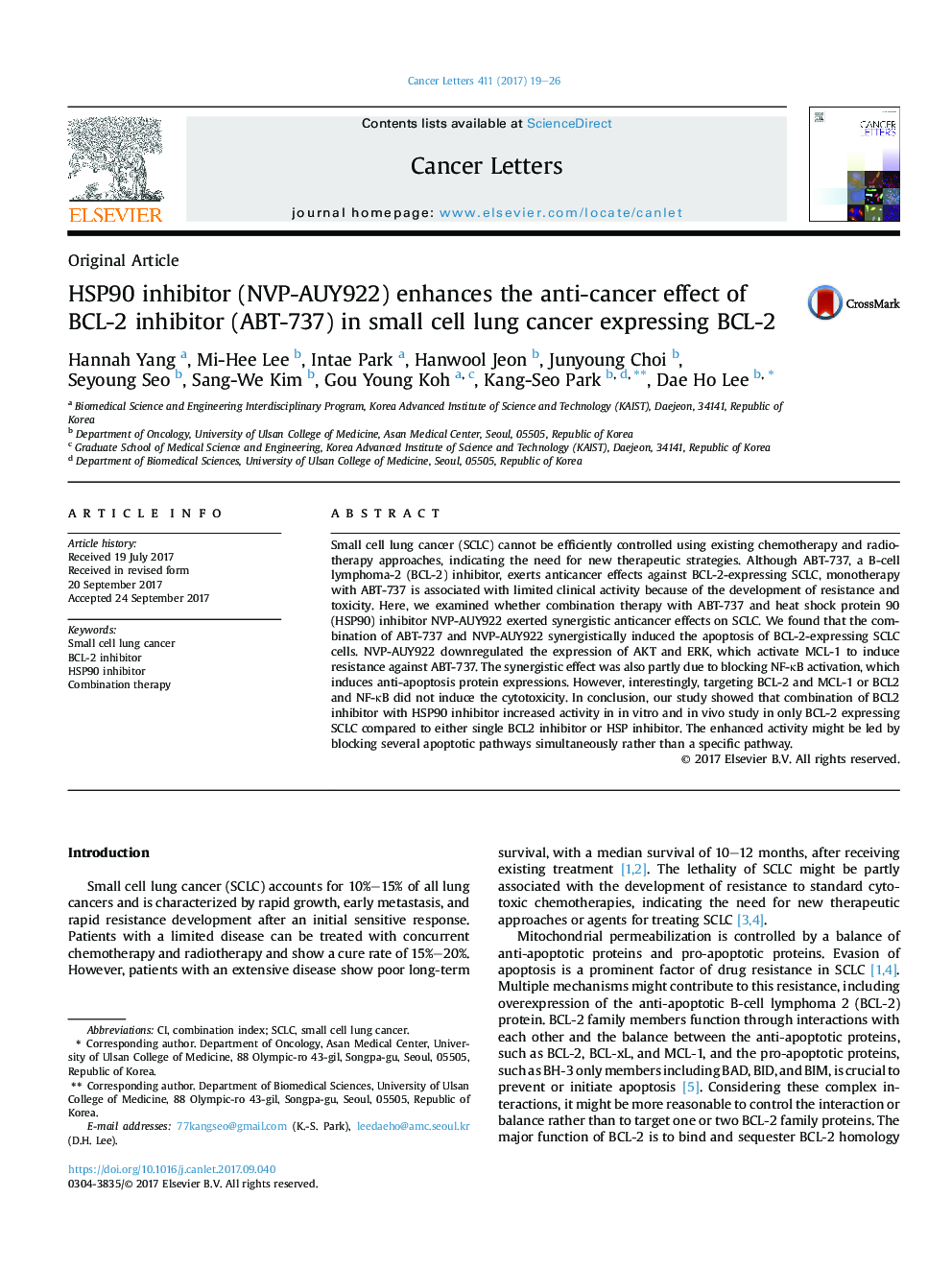 Original ArticleHSP90 inhibitor (NVP-AUY922) enhances the anti-cancer effect of BCL-2 inhibitor (ABT-737) in small cell lung cancer expressing BCL-2