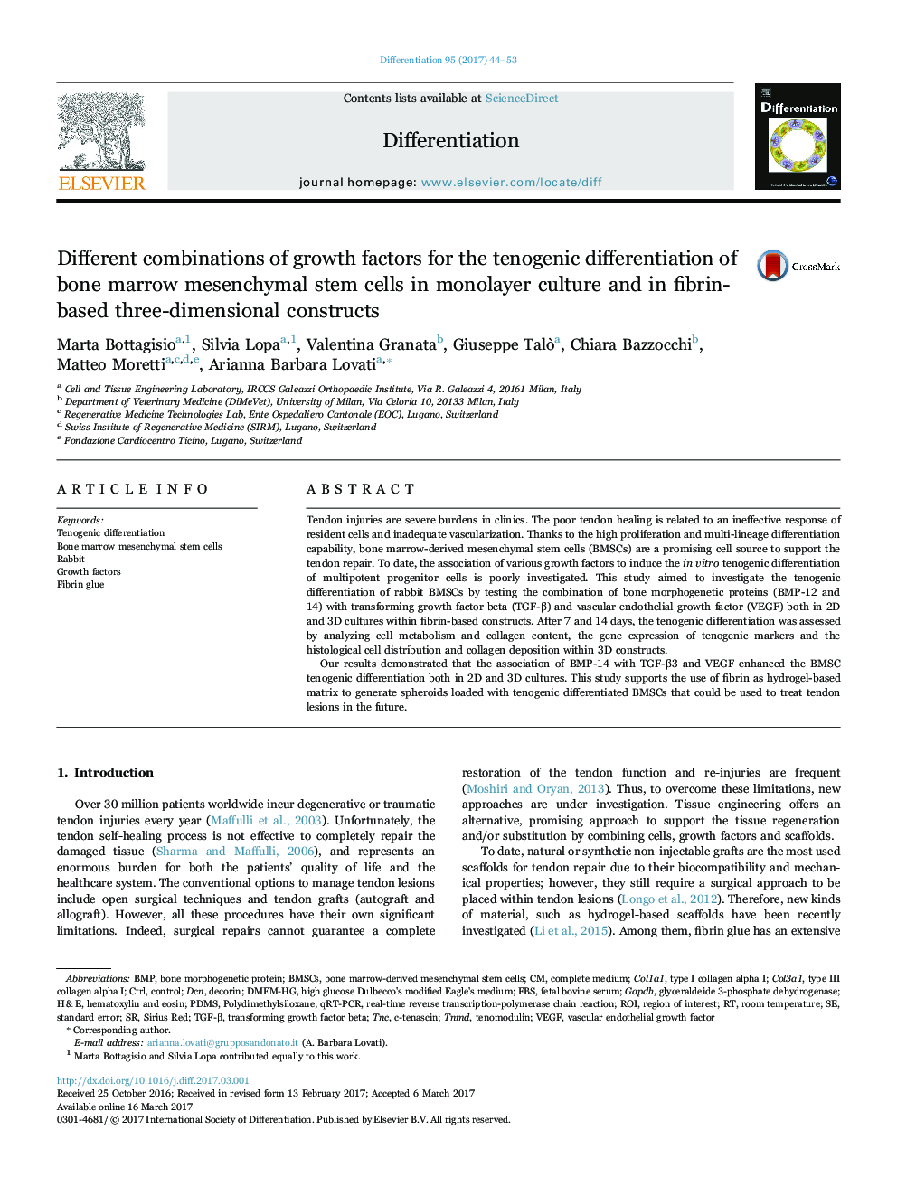 Different combinations of growth factors for the tenogenic differentiation of bone marrow mesenchymal stem cells in monolayer culture and in fibrin-based three-dimensional constructs