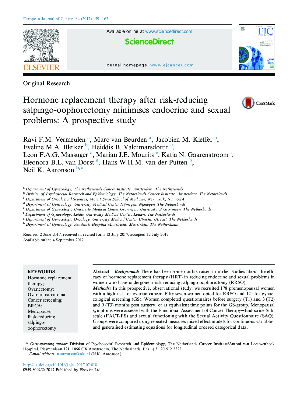 Original ResearchHormone replacement therapy after risk-reducing salpingo-oophorectomy minimises endocrine and sexual problems: A prospective study