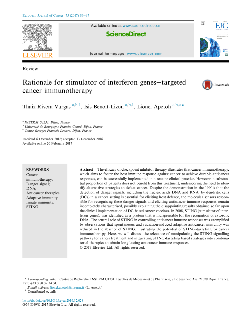 ReviewRationale for stimulator of interferon genes-targeted cancer immunotherapy