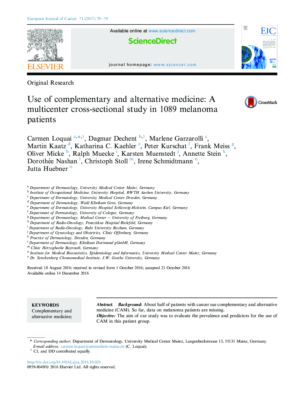 تحقیقات اصلی استفاده از طب مکمل و جایگزین: یک مطالعه مقطعی چند کانونی در 1089 بیمار مبتلا به ملانوم 