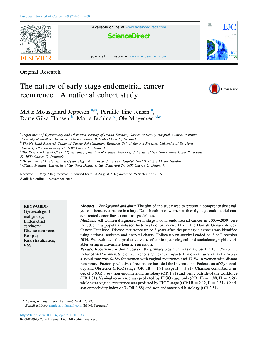 تحقیقات اصلی طبیعت عود مجدد سرطان آندومتر در مرحله اول - یک مطالعه کوهورت ملی است 
