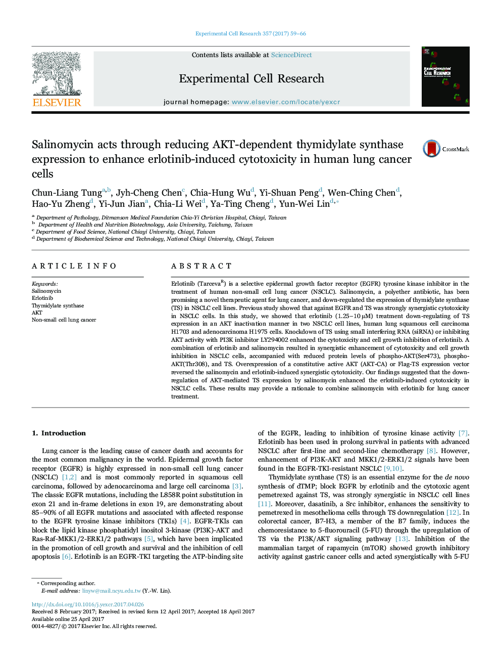 Salinomycin acts through reducing AKT-dependent thymidylate synthase expression to enhance erlotinib-induced cytotoxicity in human lung cancer cells