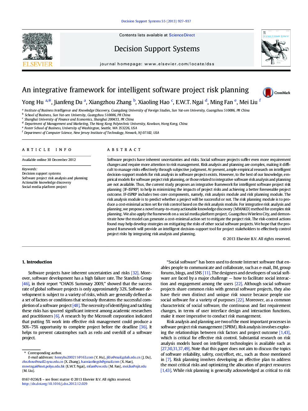 An integrative framework for intelligent software project risk planning