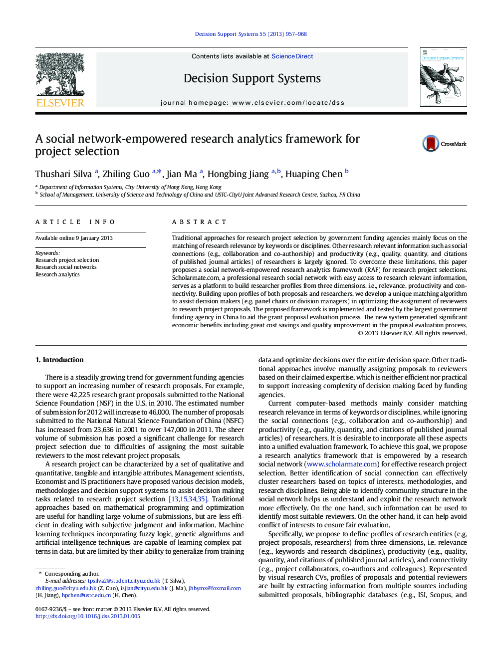 A social network-empowered research analytics framework for project selection