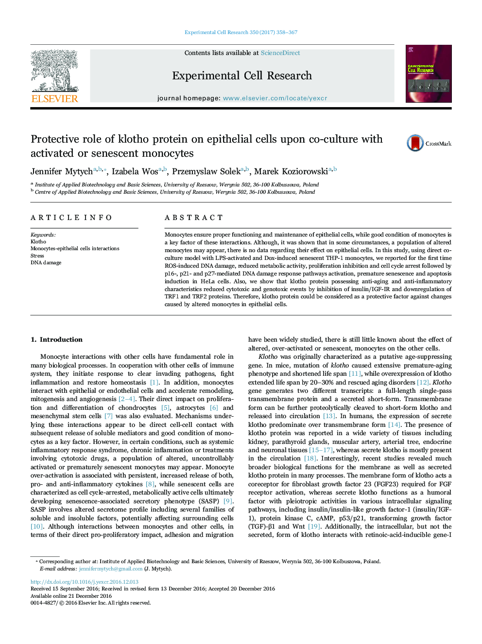 نقش محافظتی پروتئین کلوتو بر روی سلولهای اپیتلیال بر روی همکاری با مونوسیت های فعال یا پیری 