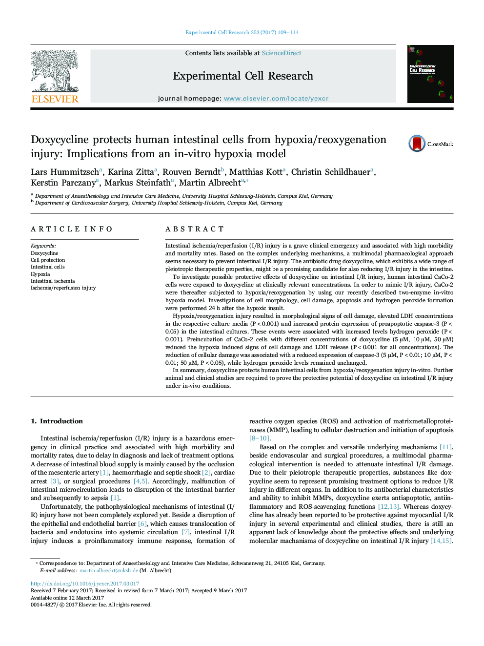 Doxycycline protects human intestinal cells from hypoxia/reoxygenation injury: Implications from an in-vitro hypoxia model