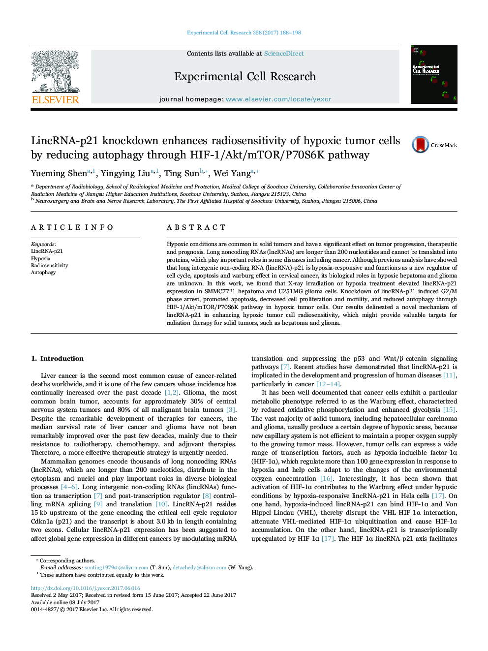 LincRNA-p21 knockdown enhances radiosensitivity of hypoxic tumor cells by reducing autophagy through HIF-1/Akt/mTOR/P70S6K pathway