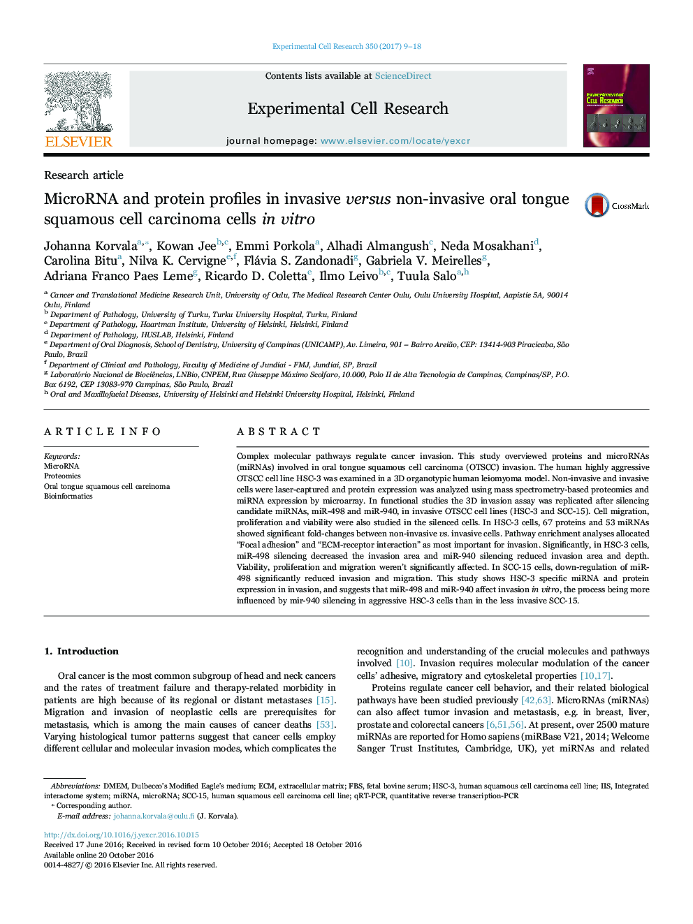 Research articleMicroRNA and protein profiles in invasive versus non-invasive oral tongue squamous cell carcinoma cells in vitro