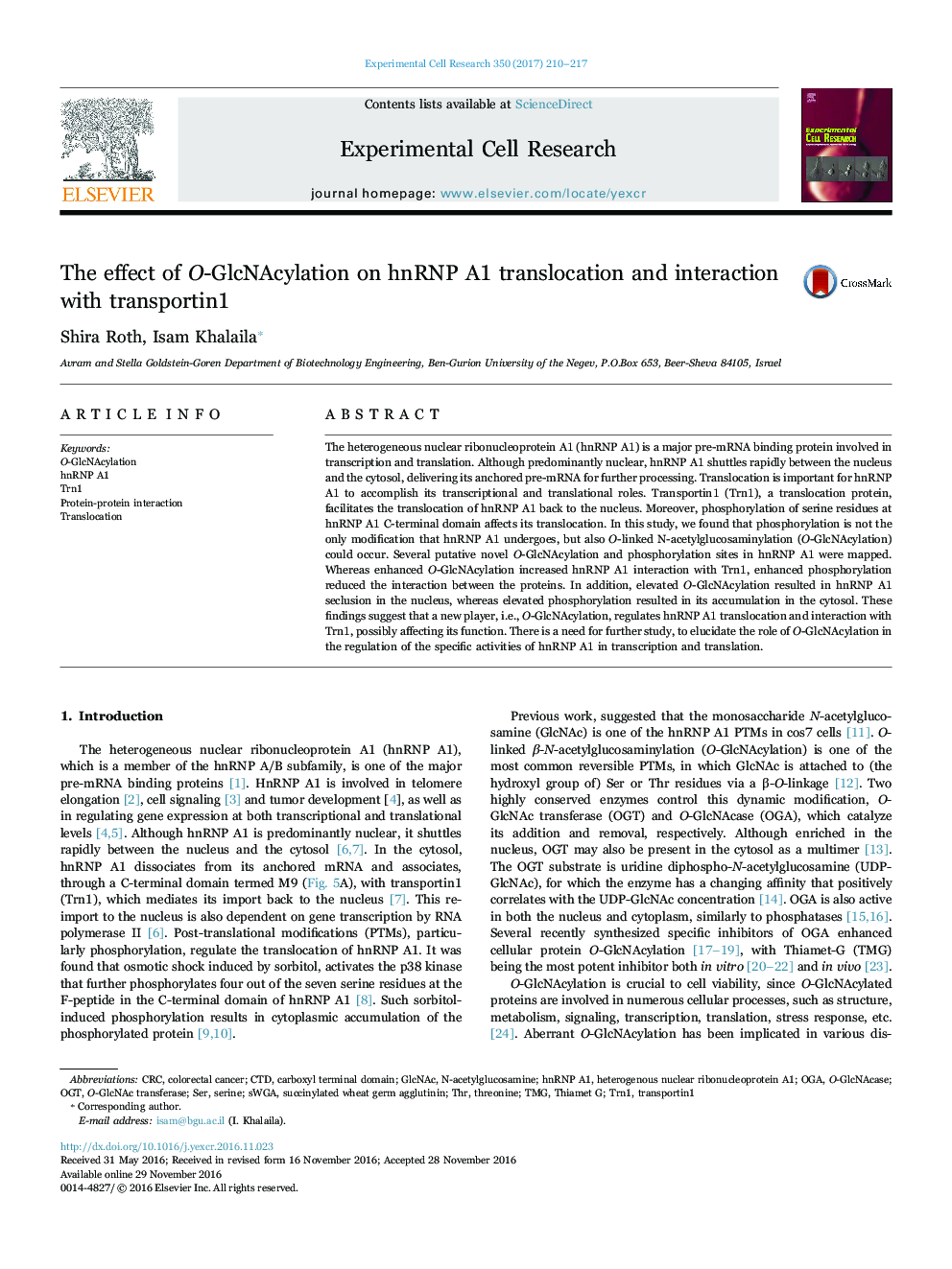 The effect of O-GlcNAcylation on hnRNP A1 translocation and interaction with transportin1