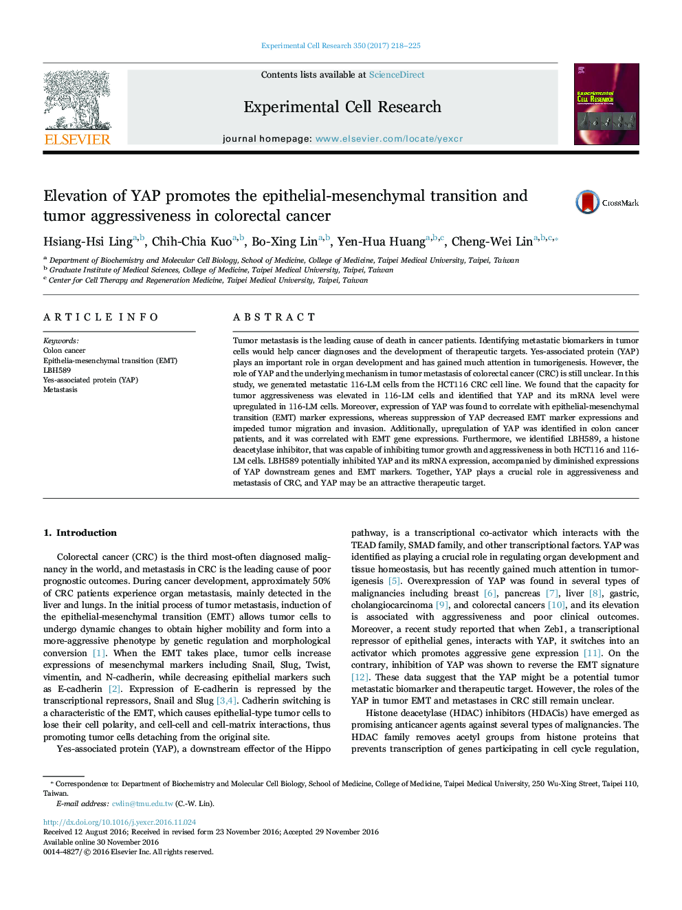 Elevation of YAP promotes the epithelial-mesenchymal transition and tumor aggressiveness in colorectal cancer