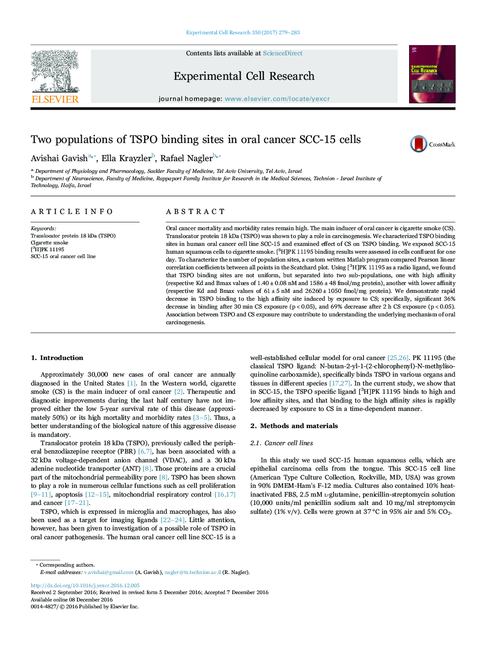 Two populations of TSPO binding sites in oral cancer SCC-15 cells