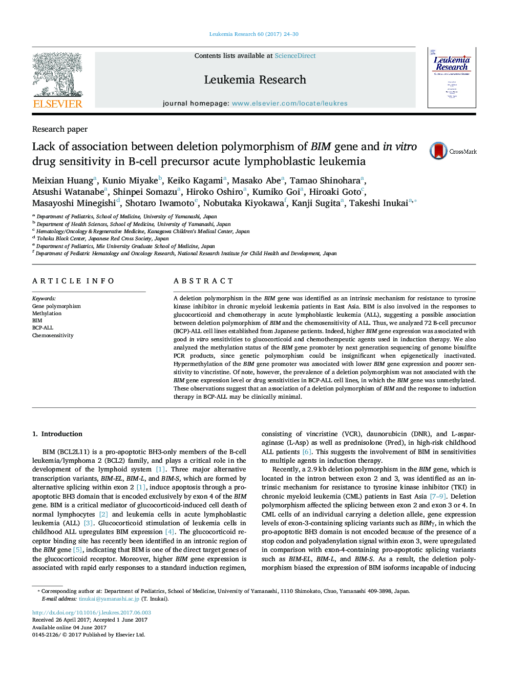 Research paperLack of association between deletion polymorphism of BIM gene and in vitro drug sensitivity in B-cell precursor acute lymphoblastic leukemia