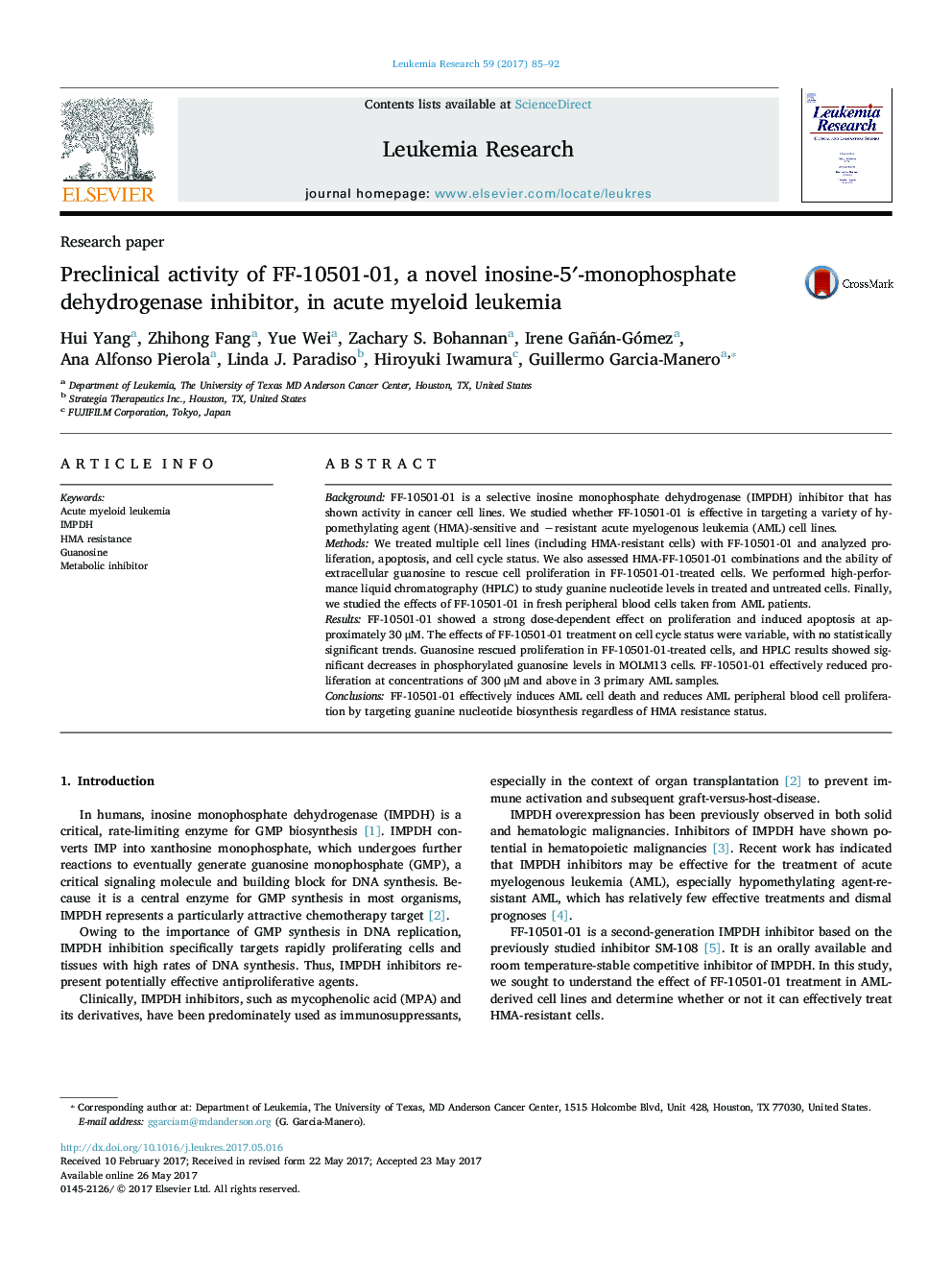 Research paperPreclinical activity of FF-10501-01, a novel inosine-5â²-monophosphate dehydrogenase inhibitor, in acute myeloid leukemia