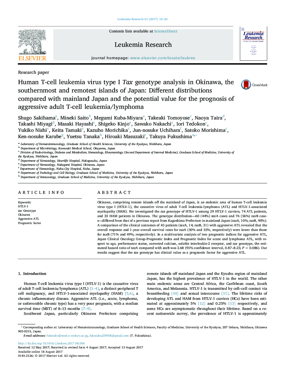 Research paperHuman T-cell leukemia virus type I Tax genotype analysis in Okinawa, the southernmost and remotest islands of Japan: Different distributions compared with mainland Japan and the potential value for the prognosis of aggressive adult T-cell le