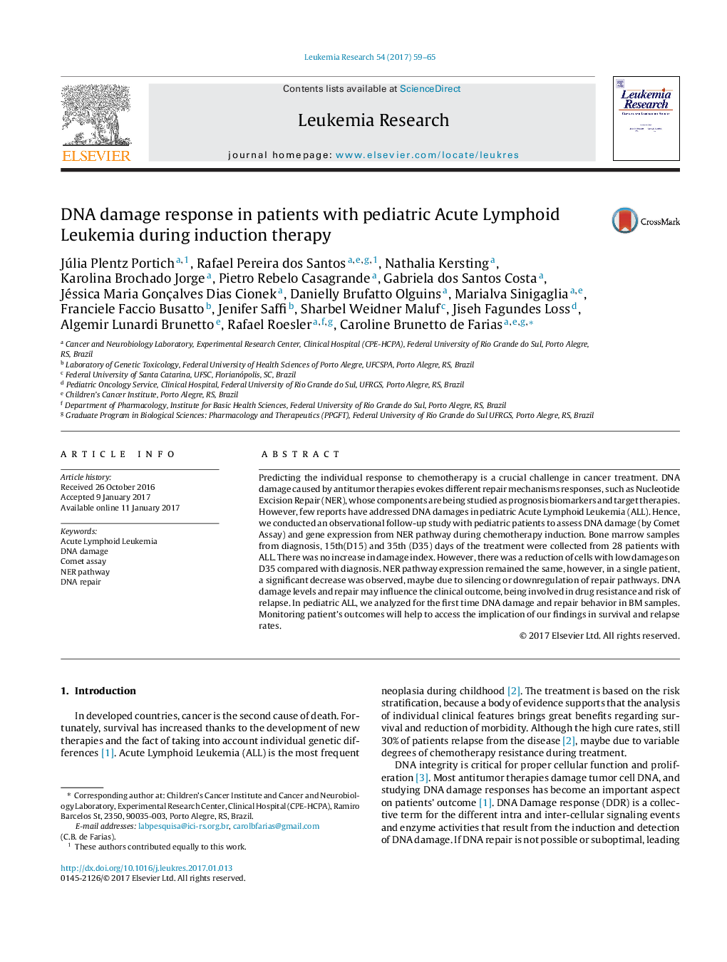 Research paperDNA damage response in patients with pediatric Acute Lymphoid Leukemia during induction therapy