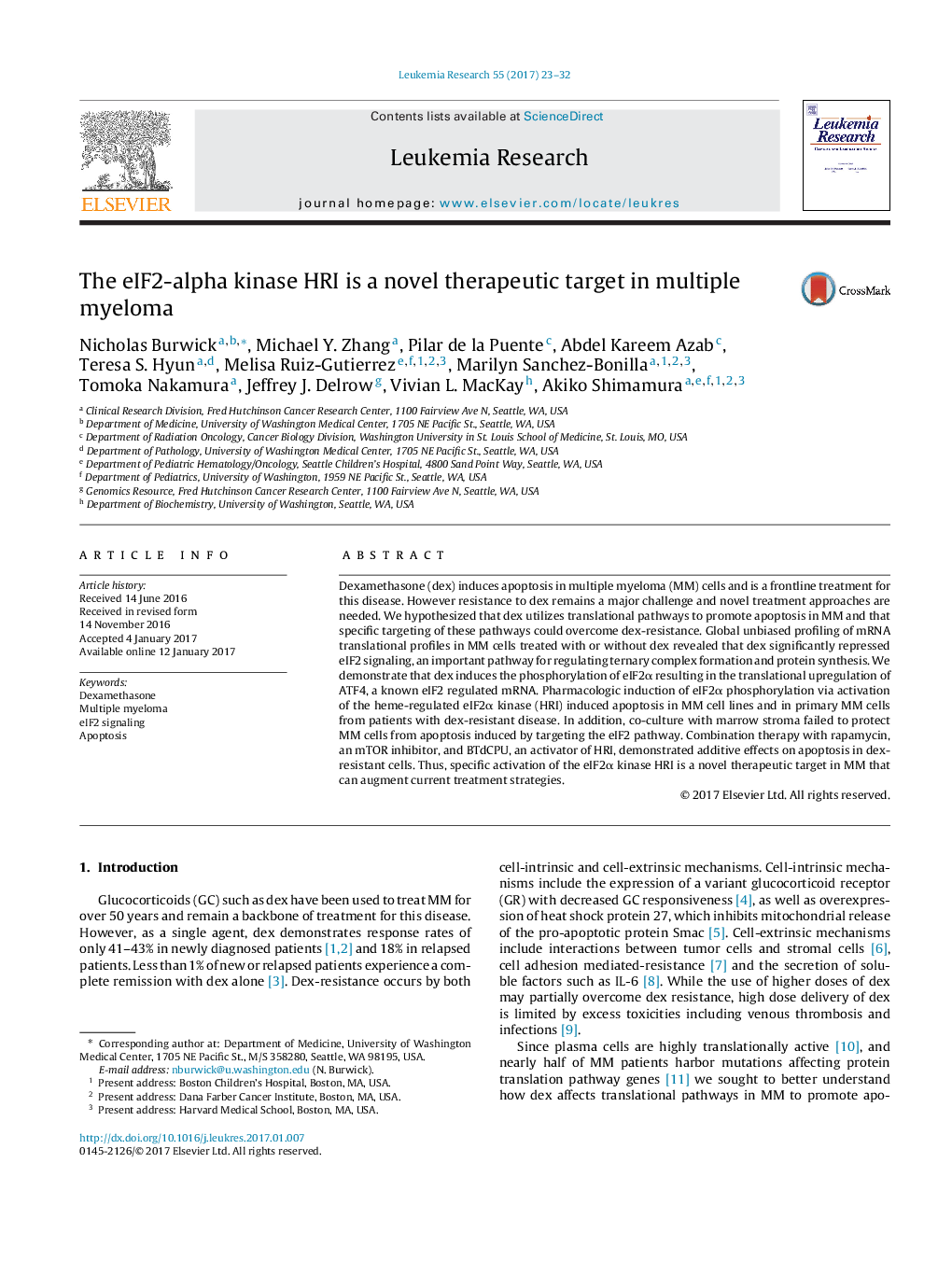 The eIF2-alpha kinase HRI is a novel therapeutic target in multiple myeloma