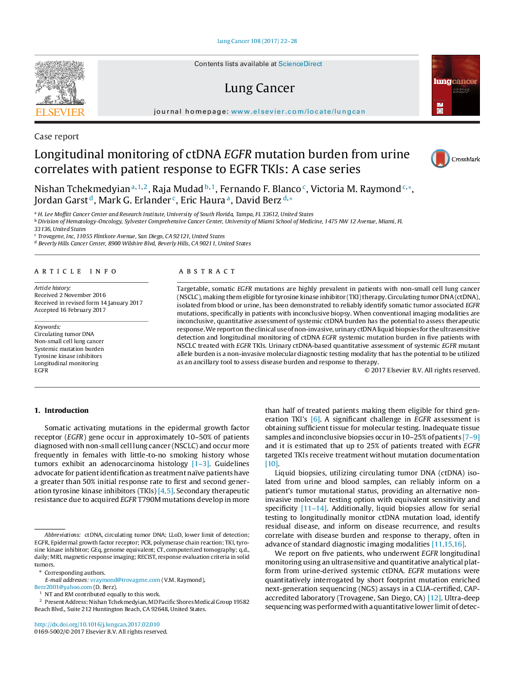 Case reportLongitudinal monitoring of ctDNA EGFR mutation burden from urine correlates with patient response to EGFR TKIs: A case series