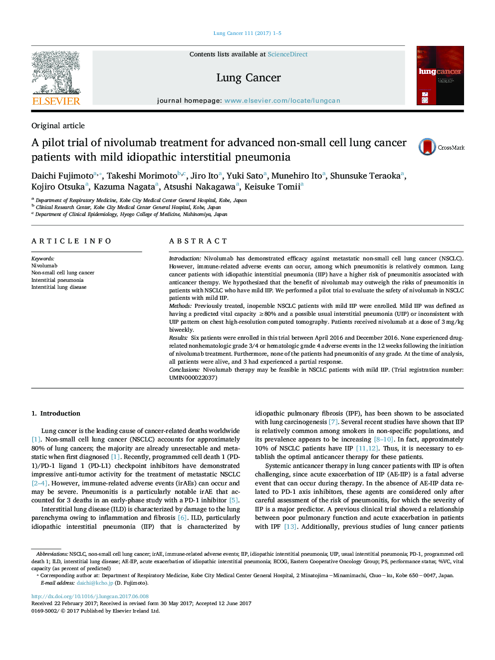 مقاله اصلی آزمایشی از درمان نیلواموب برای بیماران سرطانی پیشرفته غیر سلولی مبتلا به پنومونی بینابینی ایدئوپاتیک خفیف 