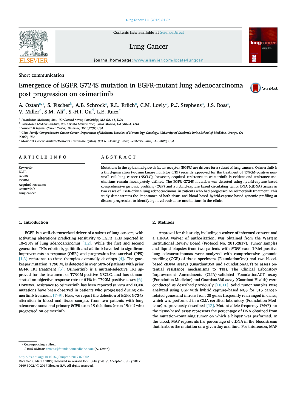 Short communicationEmergence of EGFR G724S mutation in EGFR-mutant lung adenocarcinoma post progression on osimertinib