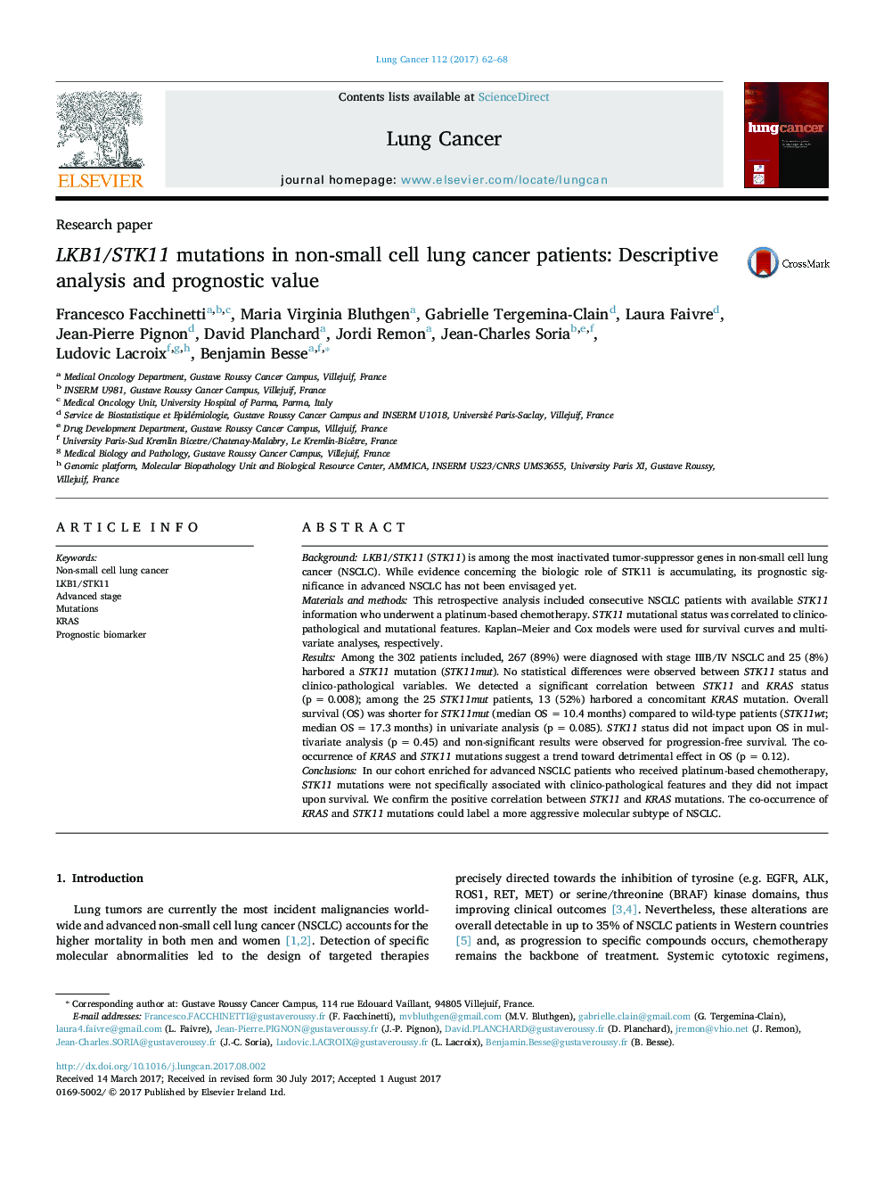 Research paperLKB1/STK11 mutations in non-small cell lung cancer patients: Descriptive analysis and prognostic value