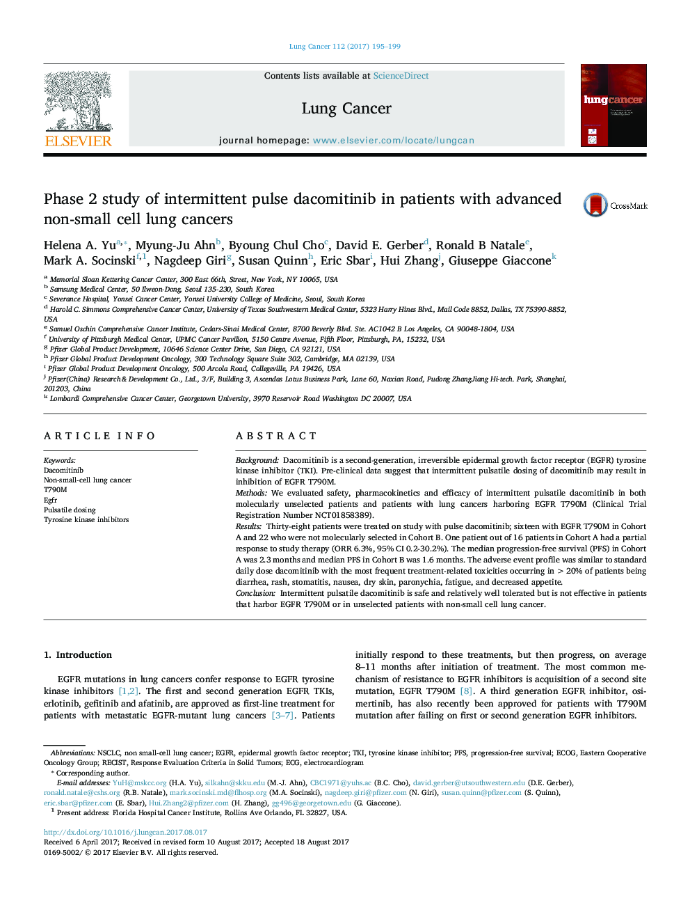 مطالعه فاز 2 داکومیتینیب پالس متناوب در بیماران مبتلا به سرطان های ریه غیر سلولی پیشرفته 