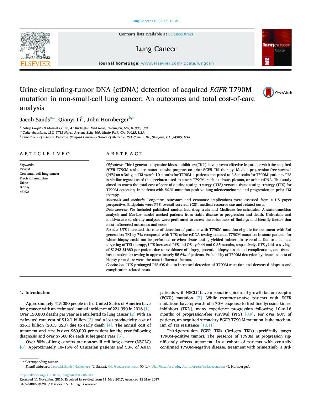 Urine circulating-tumor DNA (ctDNA) detection of acquired EGFR T790M mutation in non-small-cell lung cancer: An outcomes and total cost-of-care analysis