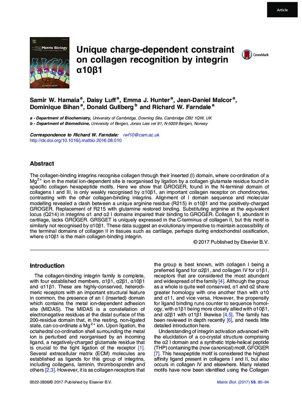 Unique charge-dependent constraint on collagen recognition by integrin Î±10Î²1