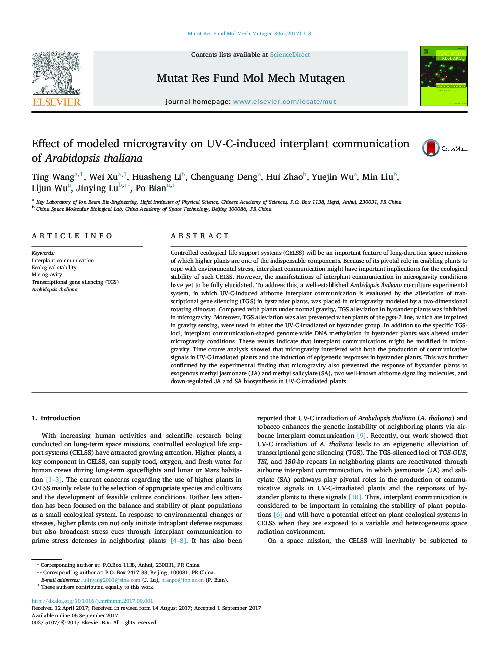 Effect of modeled microgravity on UV-C-induced interplant communication of Arabidopsis thaliana